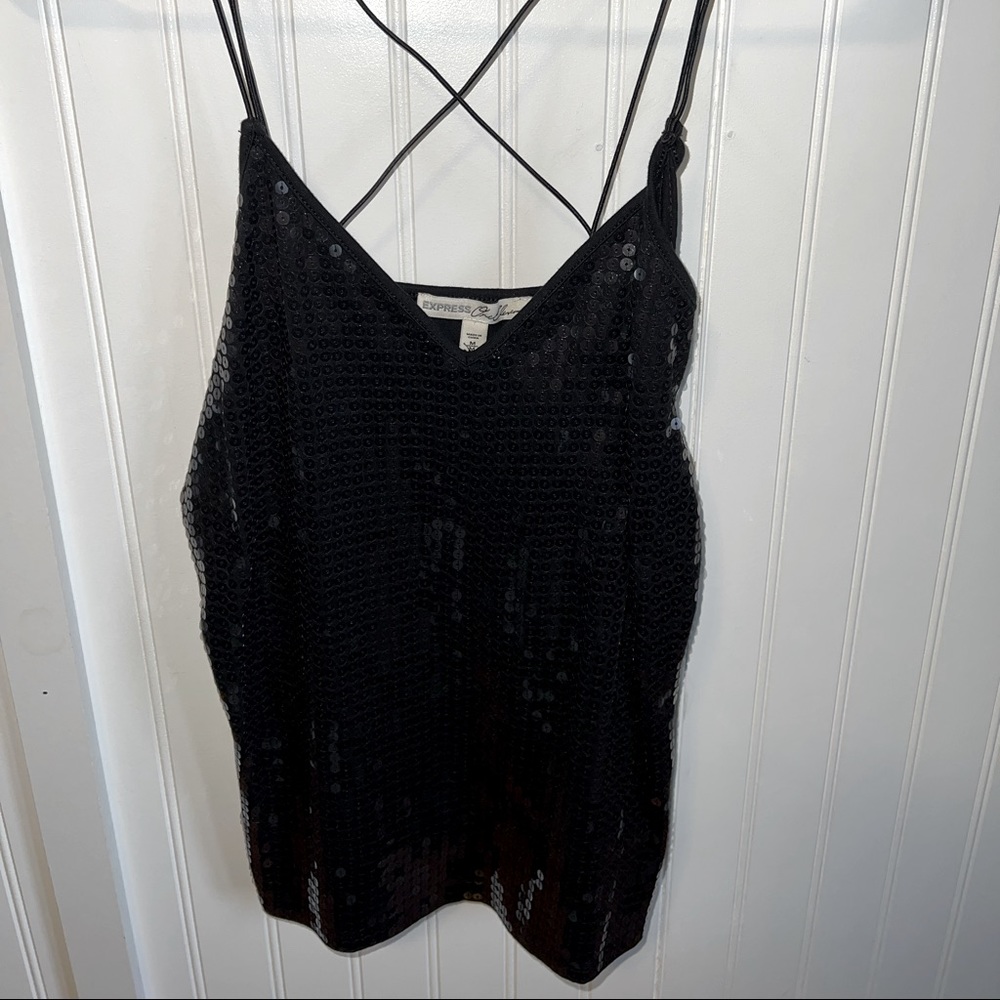 Express Black Sequence Crisscross Back Top